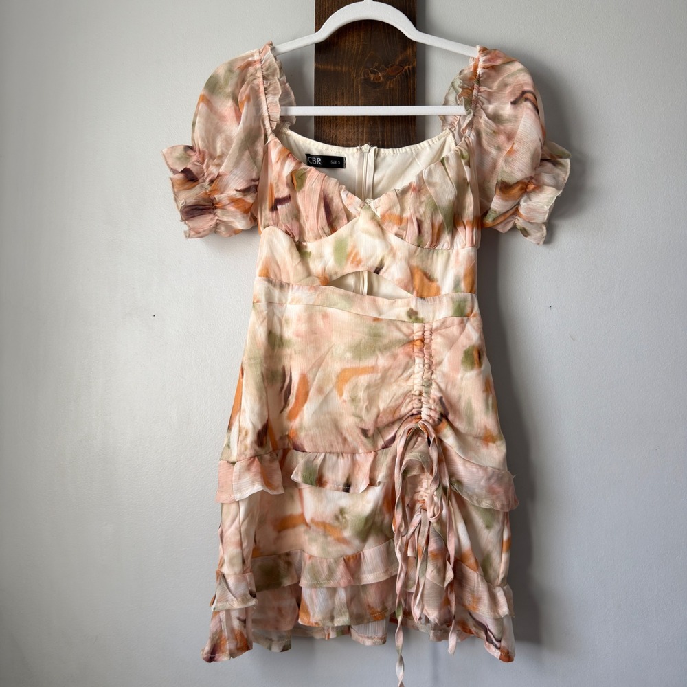 Cutout Mini Dress Peach Watercolor Puff Sleeve Ruched Tiered Ruffle CBR Womens S